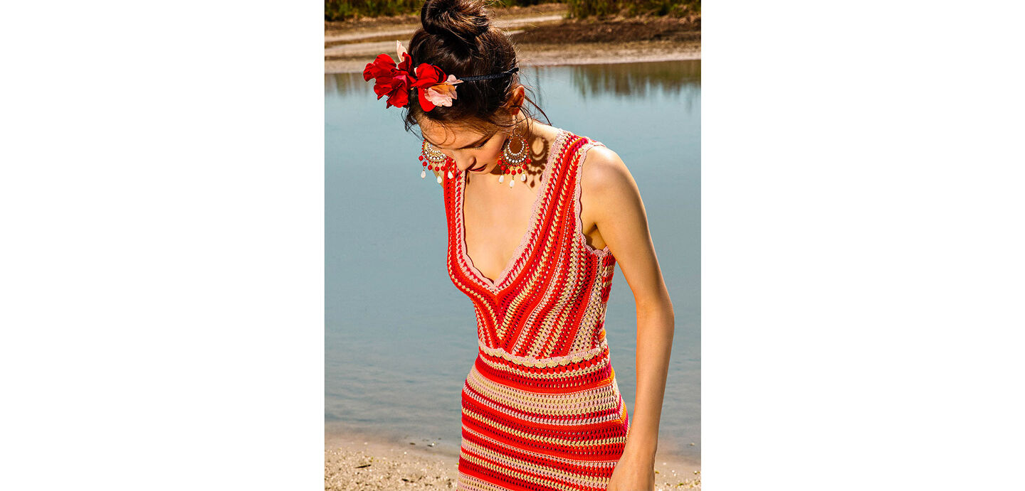 twinset campaign multicolour crochet midi dress woman collection spring summer 2022