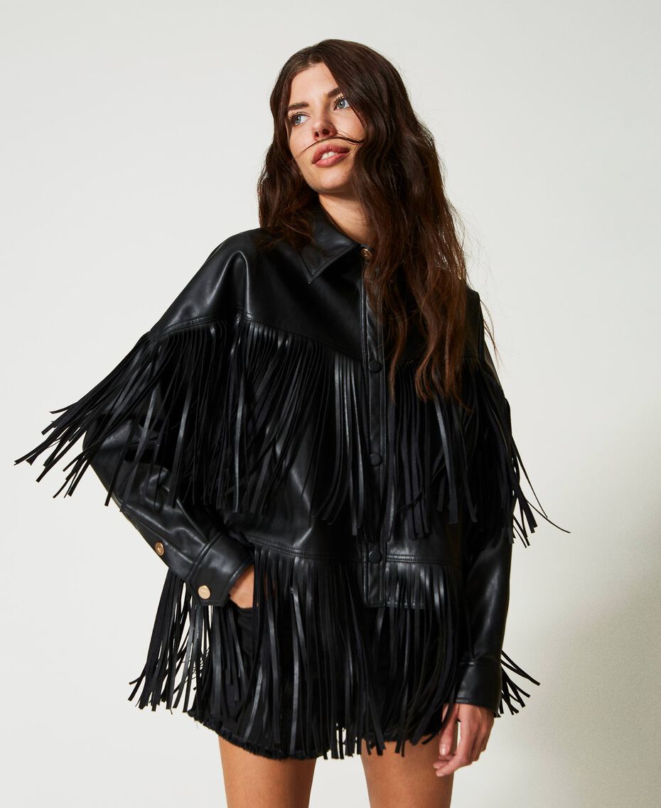 Leather-like jacket with fringes Black Woman 231AP2460-03