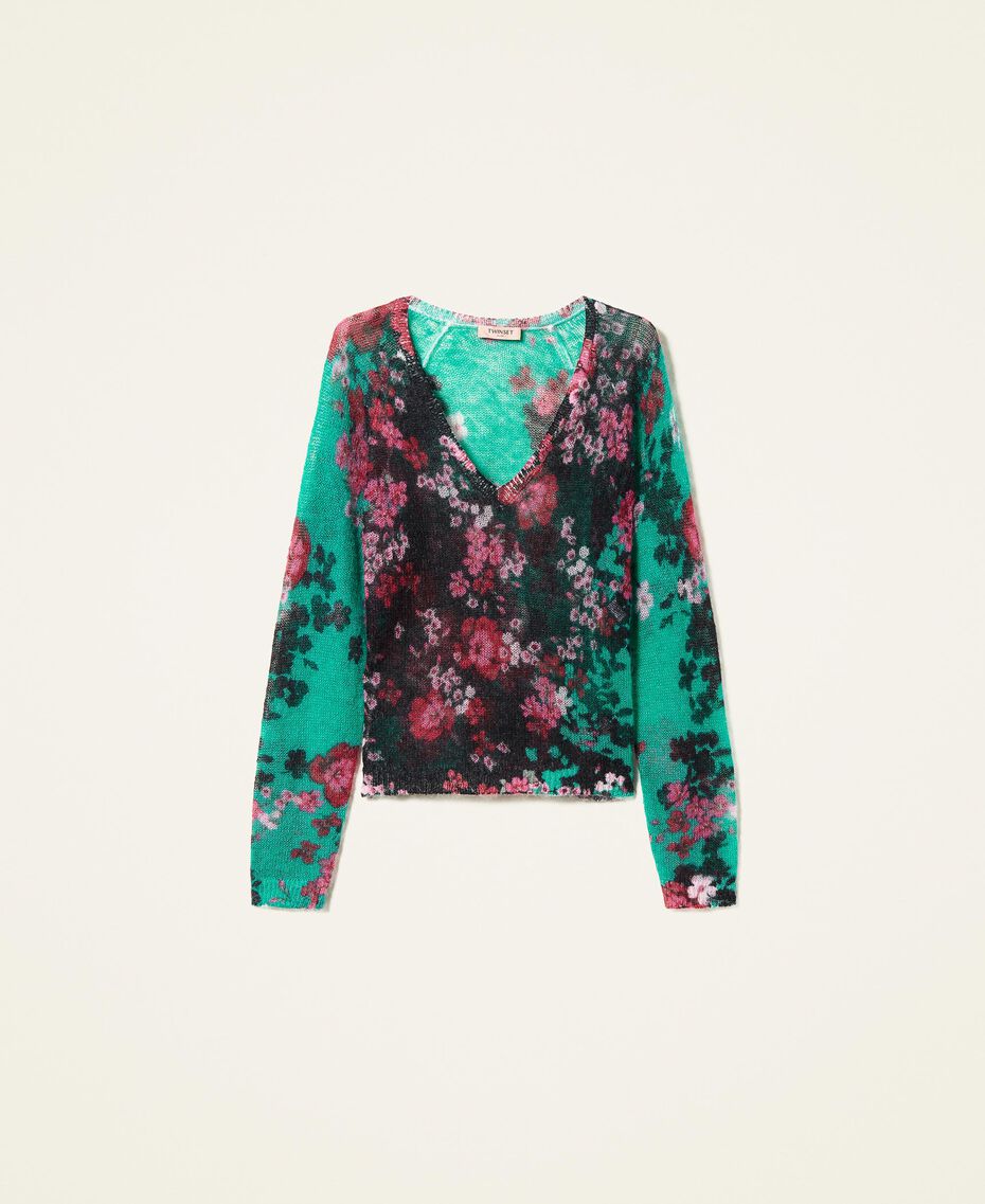 Printed mohair blend V neck jumper "Peppermint" Green / Black Autumn Flowers Print Woman 222TP3540-0S