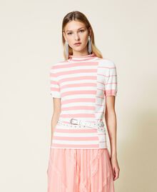 Turtleneck jumper with mixed jacquard stripes "Snow” White / "Peach Blossom” Pink Stripe Woman 221TP3083-0T