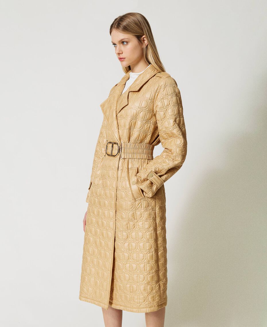 Padded trench coat with Oval T logo all over “Pale Hemp” Beige Woman 231TP2242-02