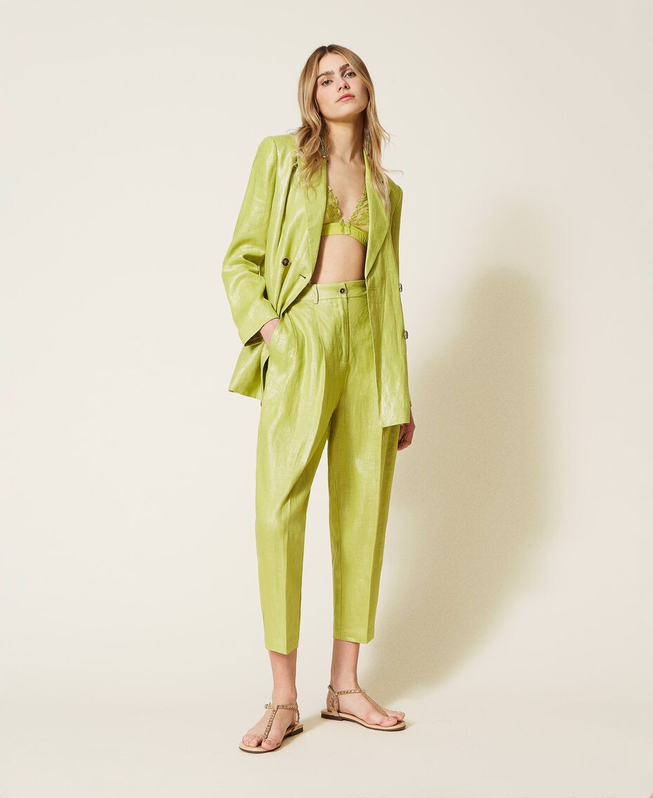 Pantalon cropped en lin lamé Vert « Green Oasis » Femme 221LL23YY-01