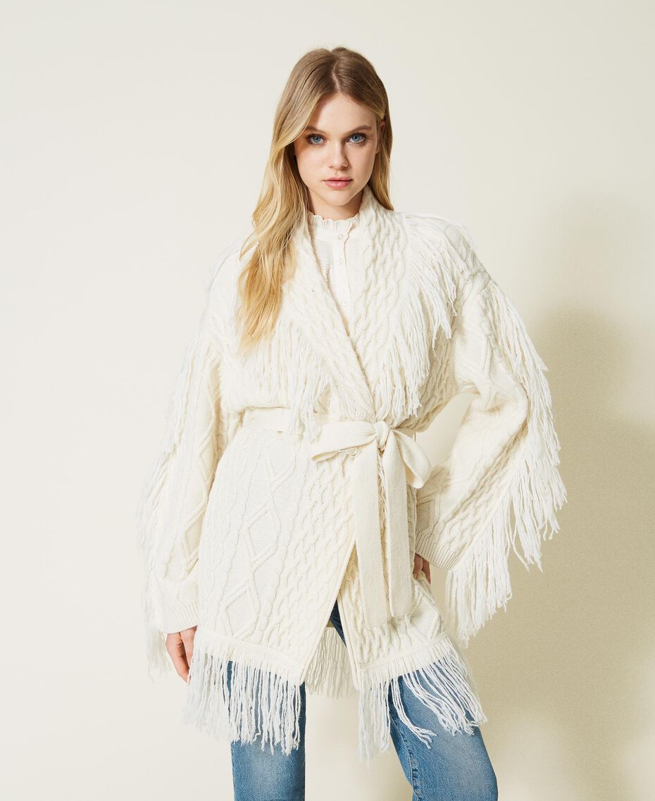 Wool blend cardigan with fringes White Snow Woman 222TT3440-01
