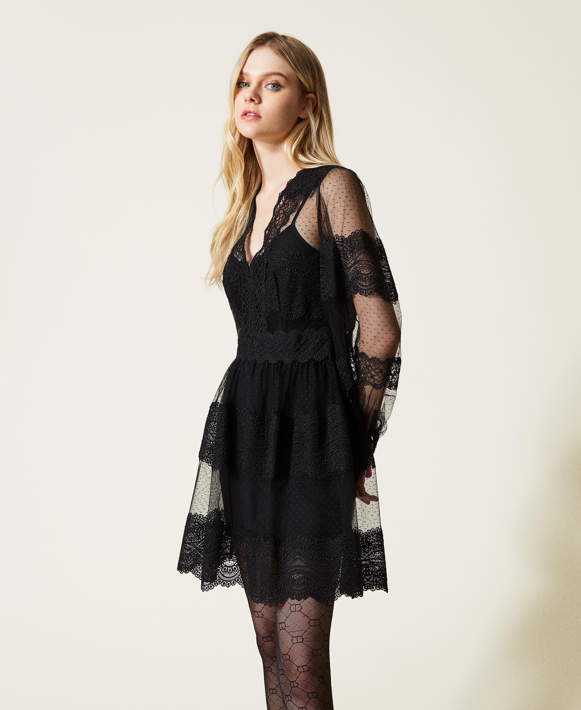 Short tulle and lace dress Woman, Black | TWINSET Milano