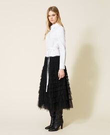 Long poplin dress with pleated tulle Optical White / Black Woman 222TP2110-02
