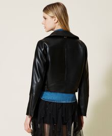 Leather-like biker jacket with belt Black Woman 222TT2350-04