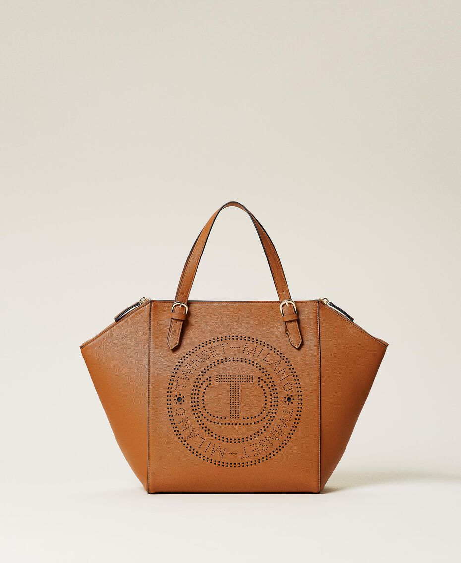 Shopper with openwork logo Leather Brown Woman 212TB7260-01