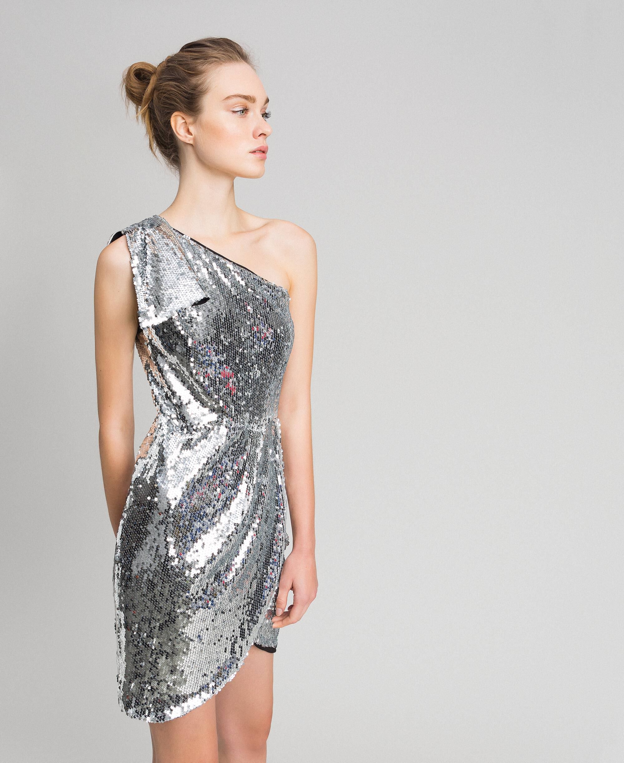 one shoulder silver sequin dress