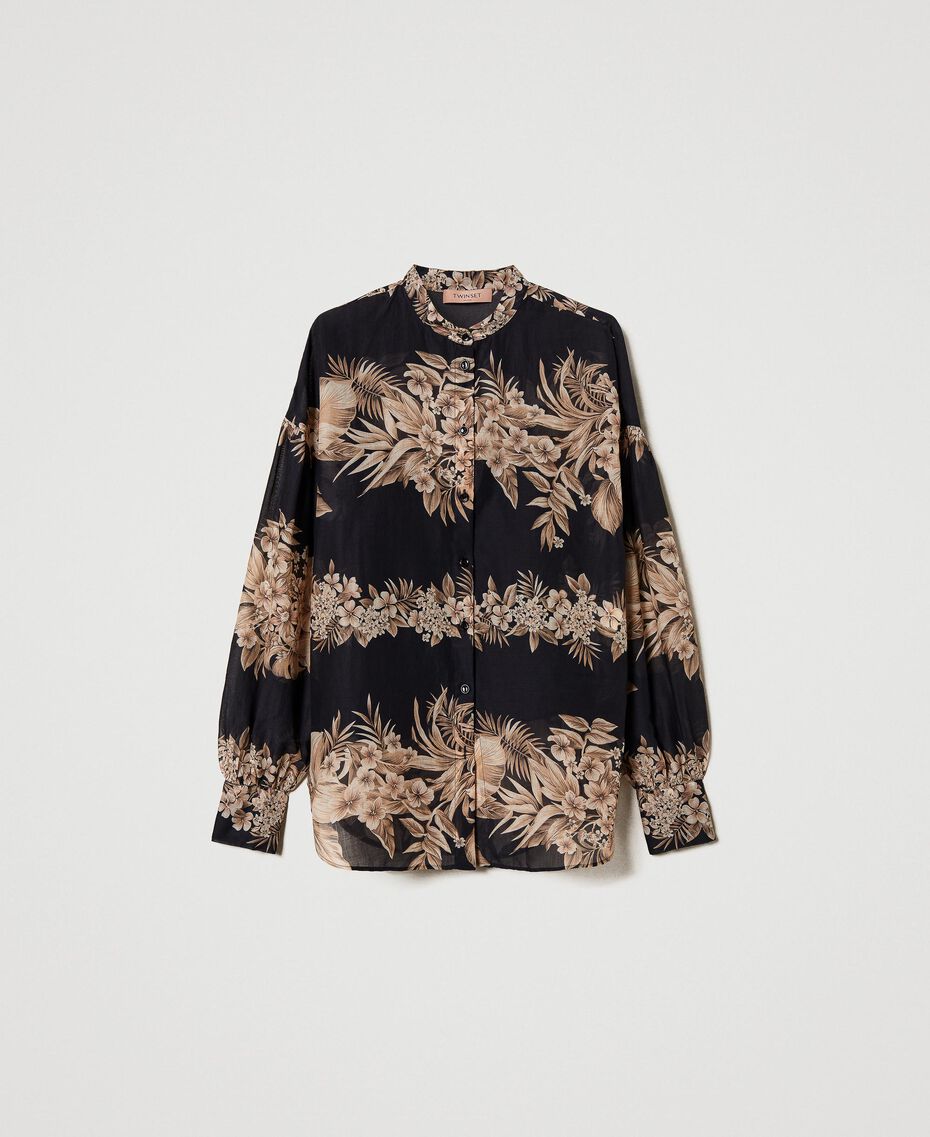 Printed muslin shirt Black / “Pale Hemp” Beige Hibiscus Print Woman 231TT2454-0S