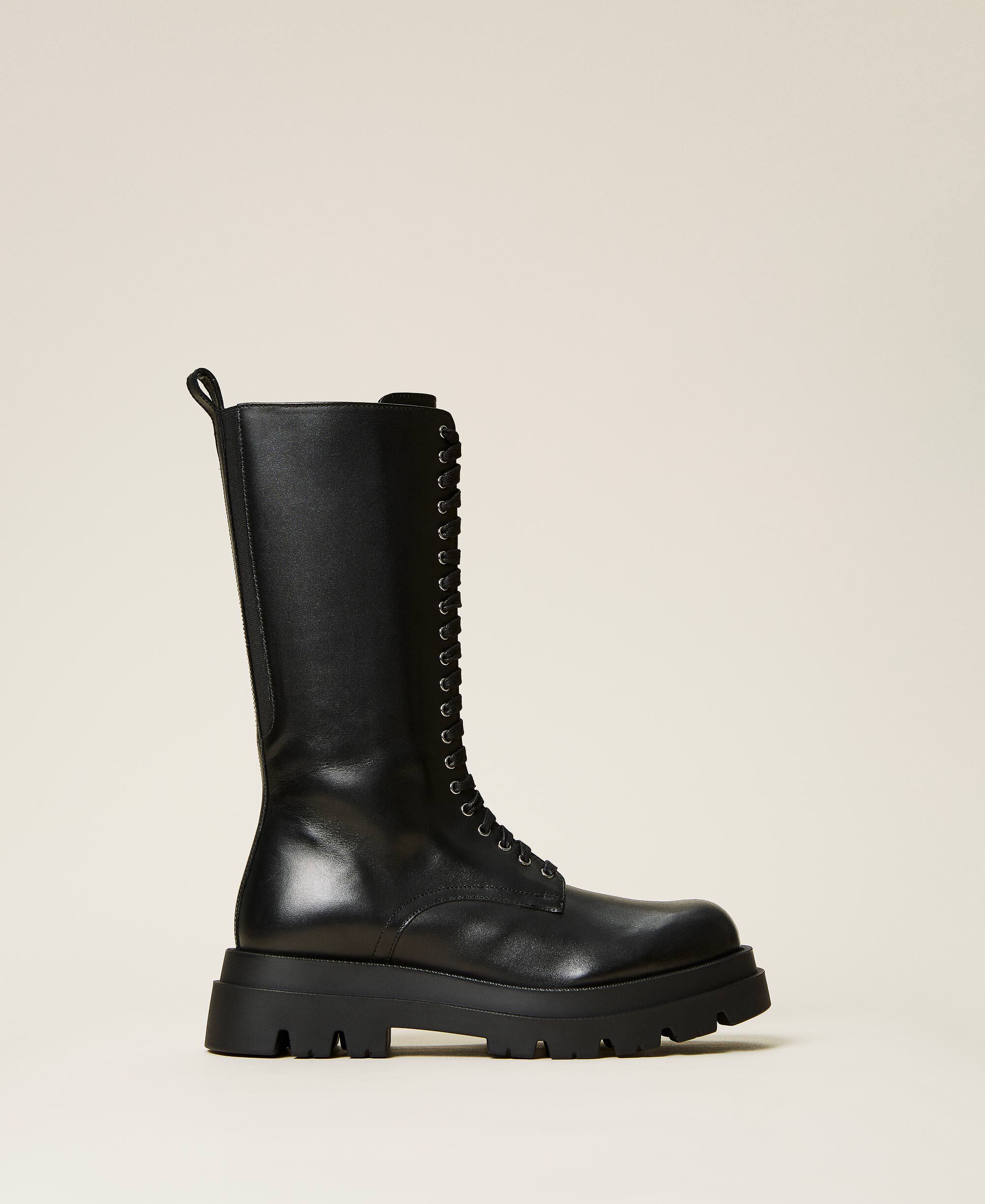 High top leather combat boots Woman, Black | TWINSET Milano