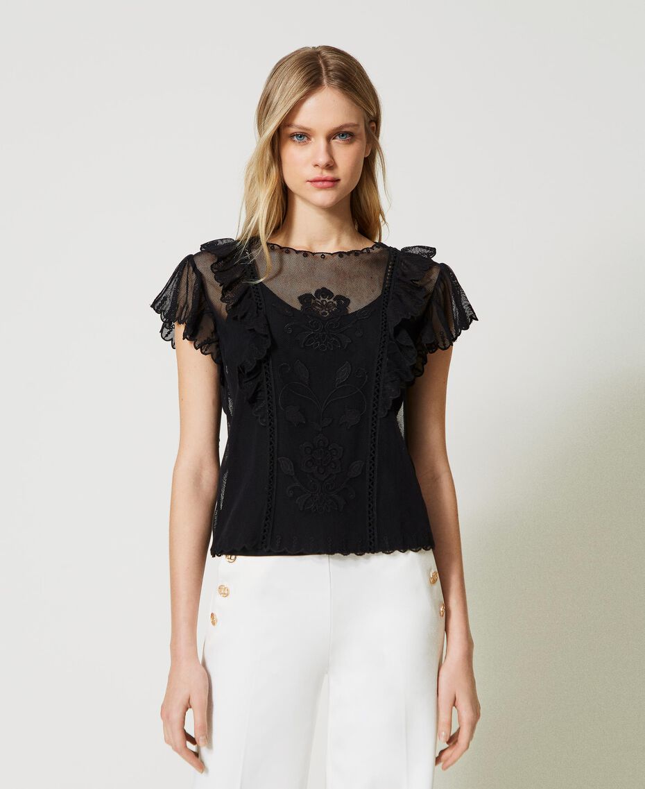 Mesh top with handmade embroidery Black Woman 231TP2023-01