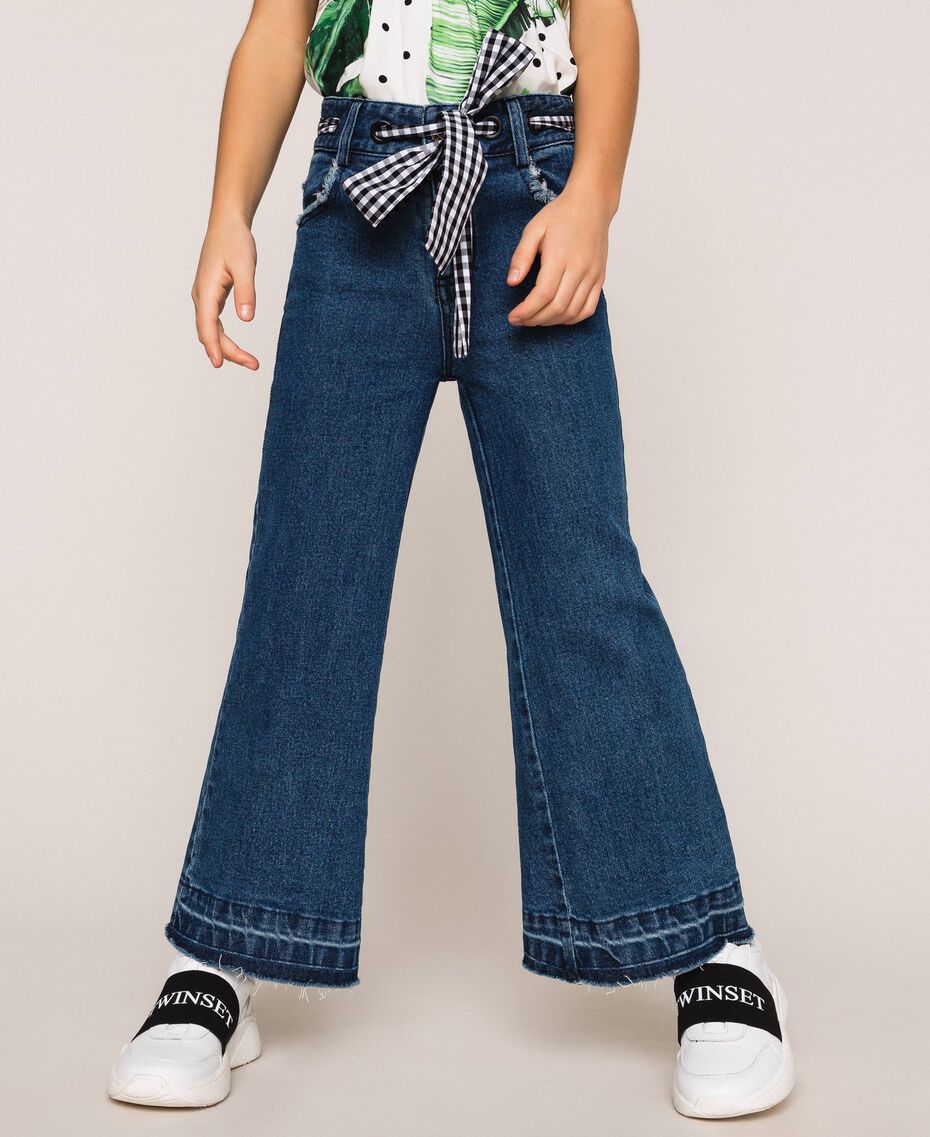 Jeans wide leg con cintura Bicolor Denim Medio / Vichy Bambina 201GJ2011-01