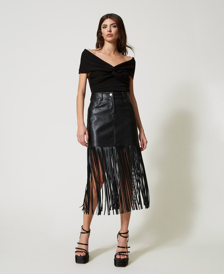 Leather-like miniskirt with fringes Black Woman 231AP2461-02