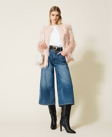 High-Waist-Jeans in Cropped-Länge mit Bleichstellen Denimblau Frau 222TP2390-0T