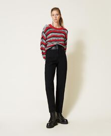 Striped boxy jumper with fringes Black / "Fire Red" / Grey Multicolour Woman 221TP3121-0T