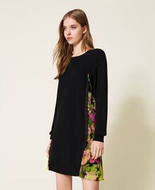 Short knit dress with floral inserts Two-tone Black / Neon Crazy Flowers Print Woman 222TT3531-01