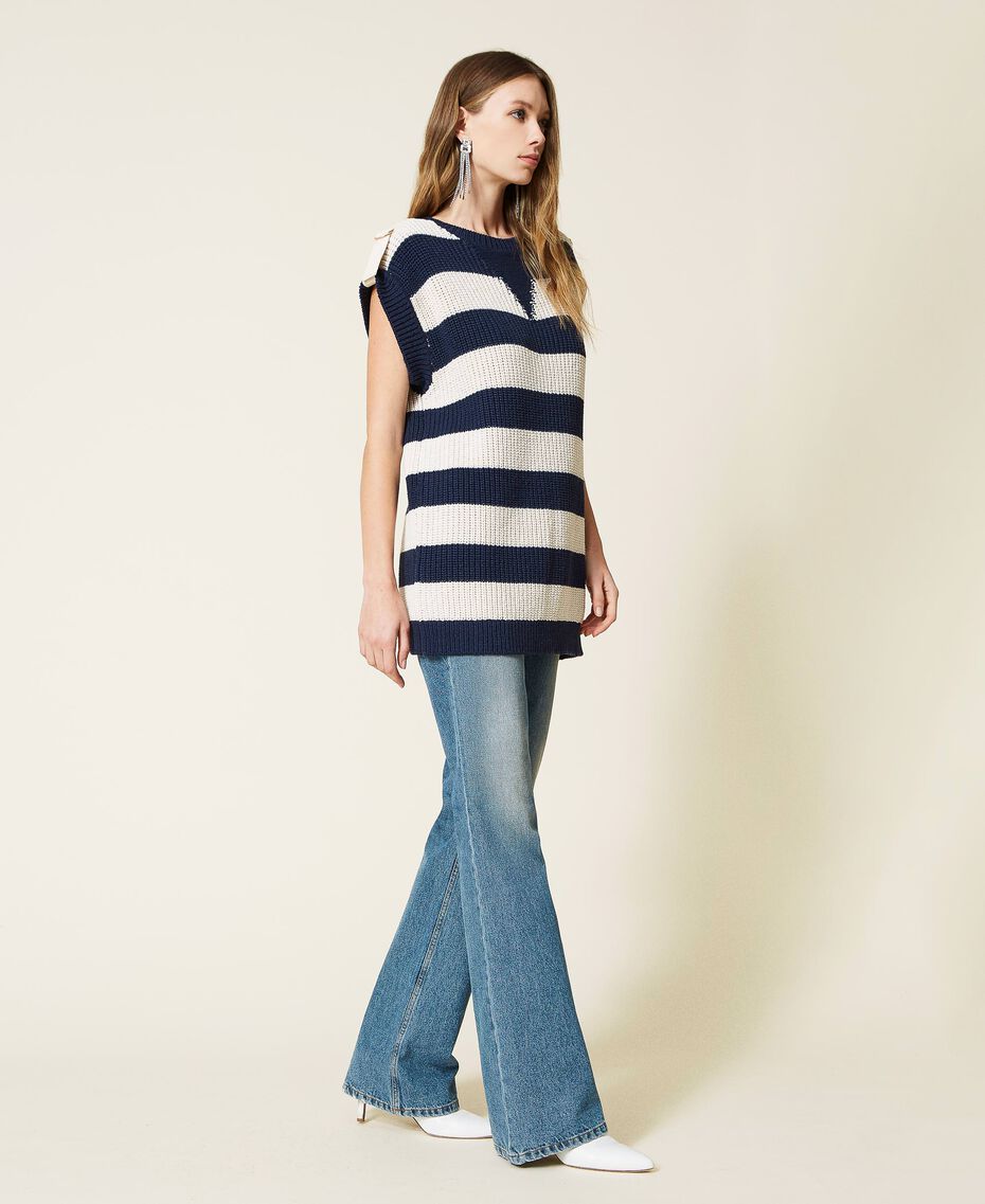 Maxi jumper with stripes and frog fasteners Two-tone Indigo Blue / "Snow” White Woman 221TP346J-02