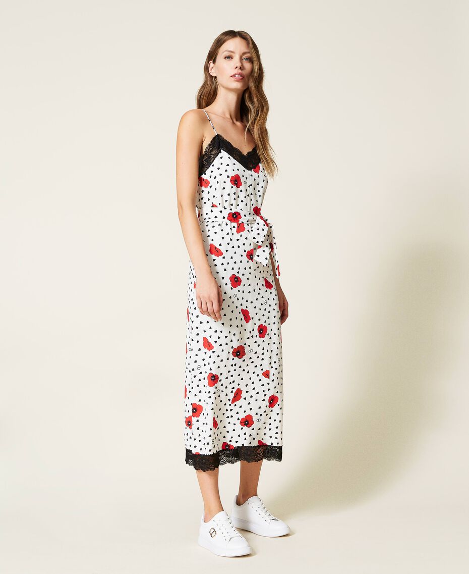 Slip dress with heart and poppy print Off White Romantic Poppy Print Woman 222TQ201A-03