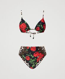 Soutien-gorge de bain triangle et slip haut avec imprimés Bicolore Imprimé Léopard Naturel/Petites Roses Noir Femme 231LBME22-0S