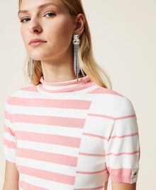 Turtleneck jumper with mixed jacquard stripes "Snow” White / "Peach Blossom” Pink Stripe Woman 221TP3083-05