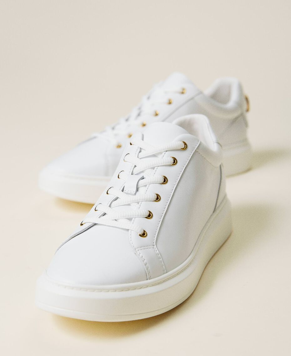 Leather trainers with rhinestone logo White Woman 212TCP140-02