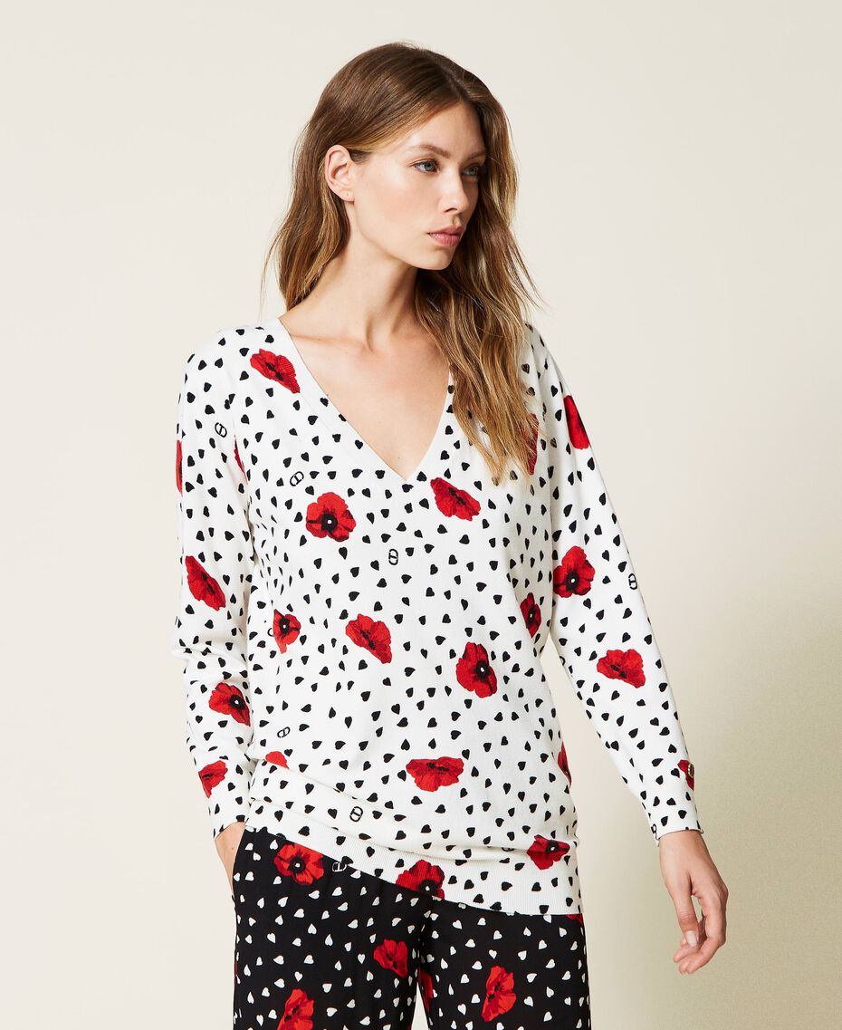 Dual-use jumper with heart and poppy print Off White Romantic Poppy Print Woman 222TQ3042-03