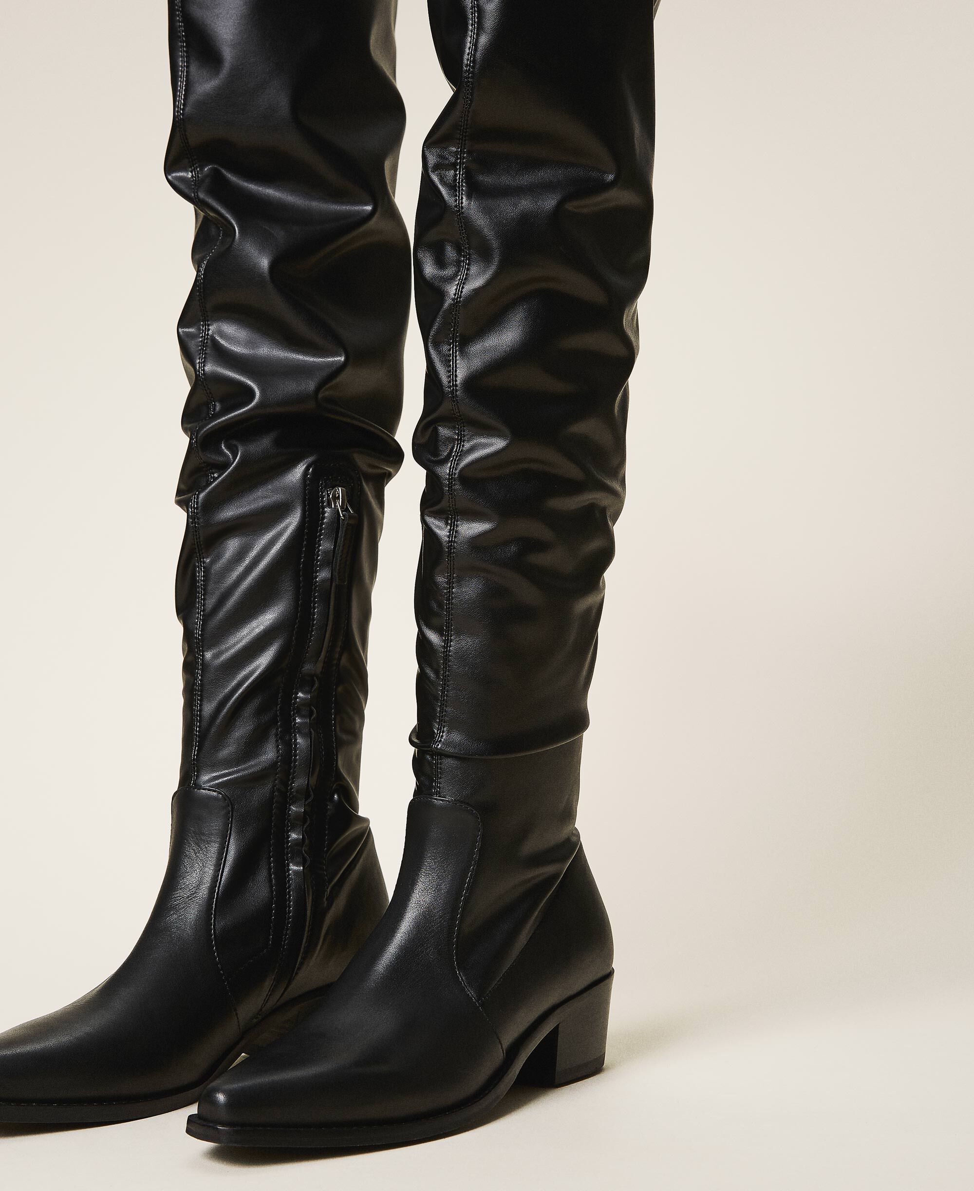 stretch leather thigh high boots