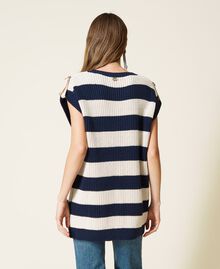 Maxi jumper with stripes and frog fasteners Two-tone Indigo Blue / "Snow” White Woman 221TP346J-04