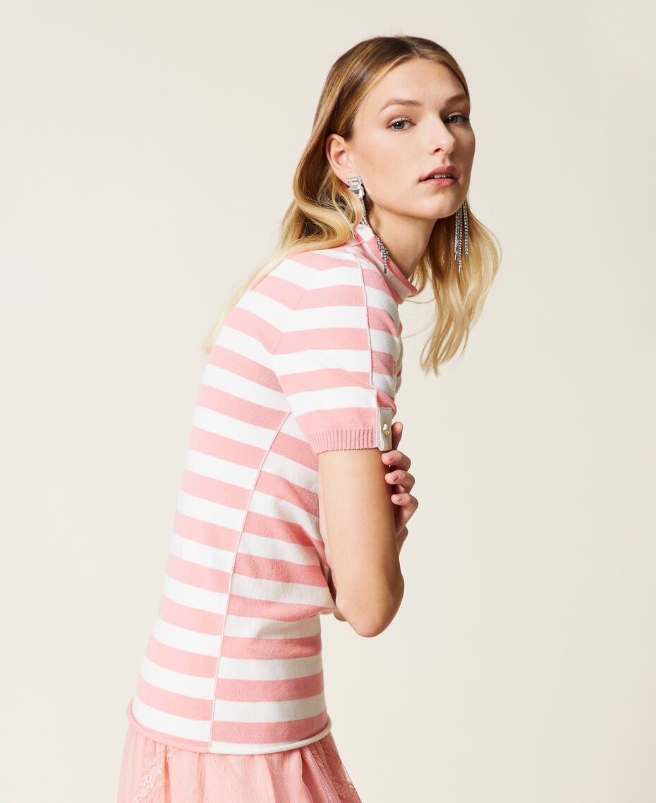 Turtleneck jumper with mixed jacquard stripes "Snow” White / "Peach Blossom” Pink Stripe Woman 221TP3083-02
