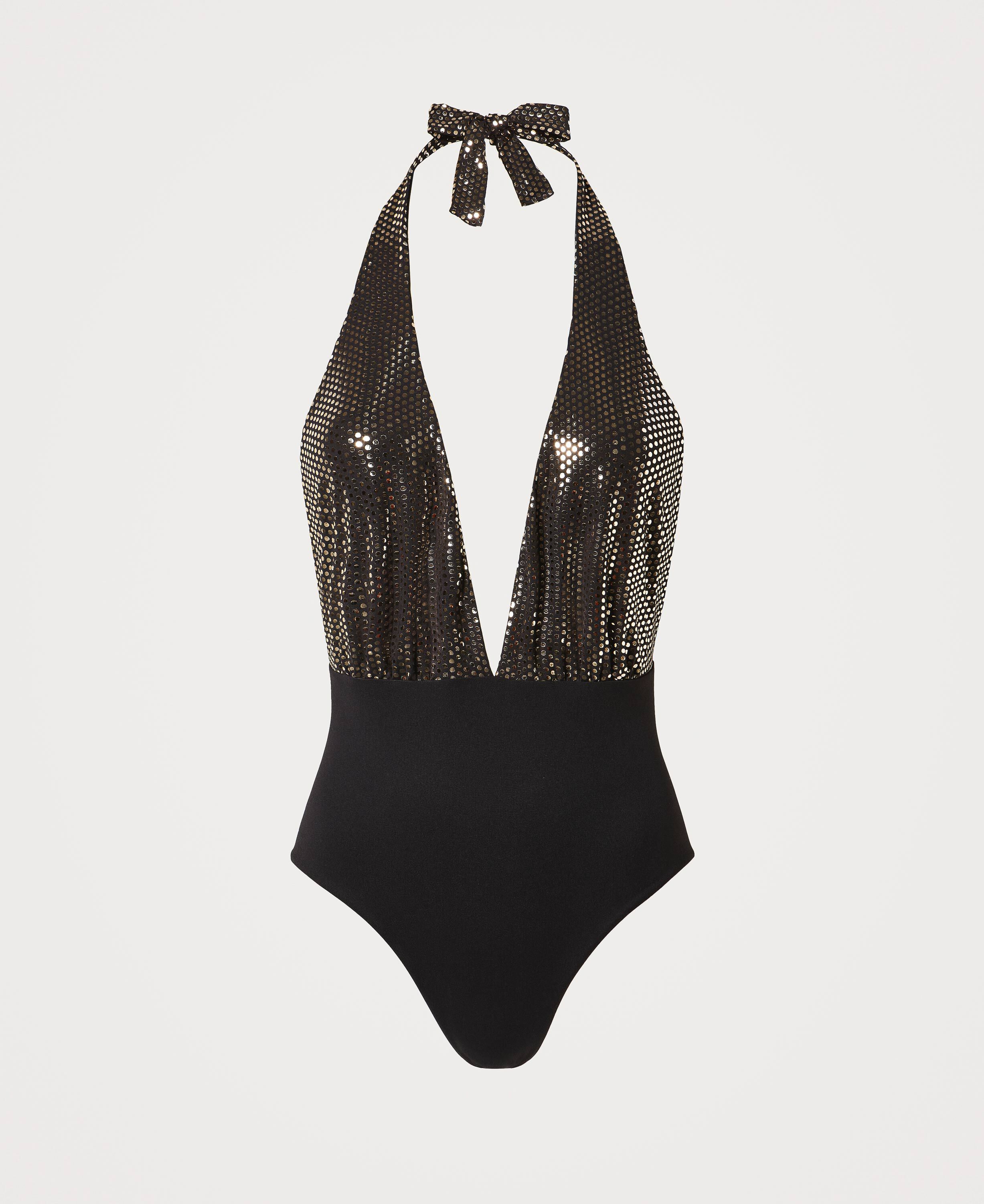 One-piece swimsuit with laminated polka dots Woman, Black | TWINSET Milano