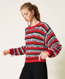 Striped boxy jumper with fringes Black / "Fire Red" / Grey Multicolour Woman 221TP3121-03