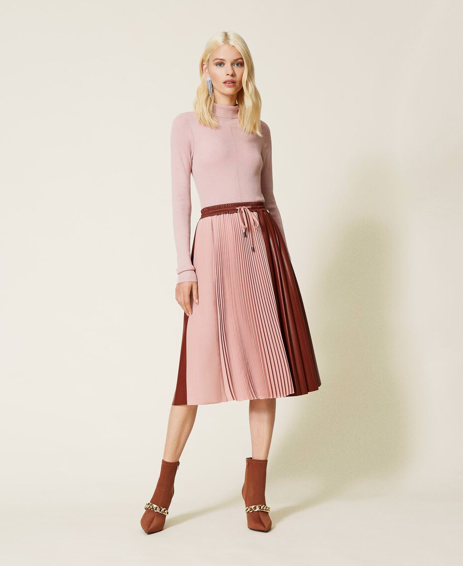 Pleated skirt with drawstring Two-tone “Burned” Brown / Misty Rose Woman 212LI2FAA-01