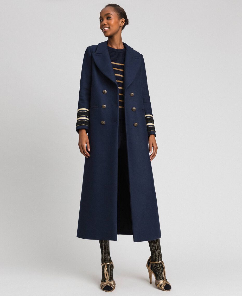 Double breasted wool cloth long coat Midnight Blue Woman 192TT2160-02