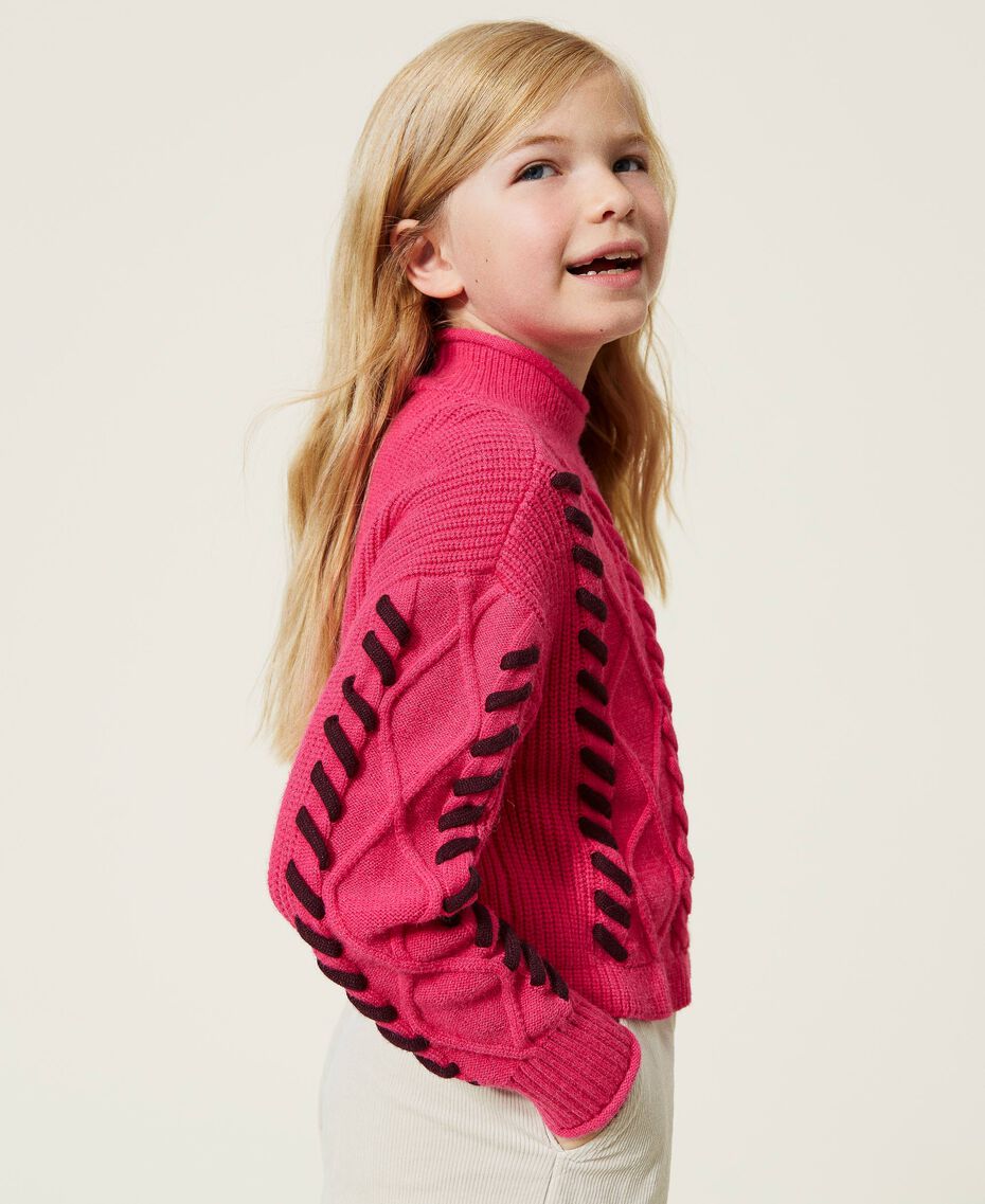 Turtleneck jumper with cable and diamond knit Silk Fuchsia Child 222GJ3067-02