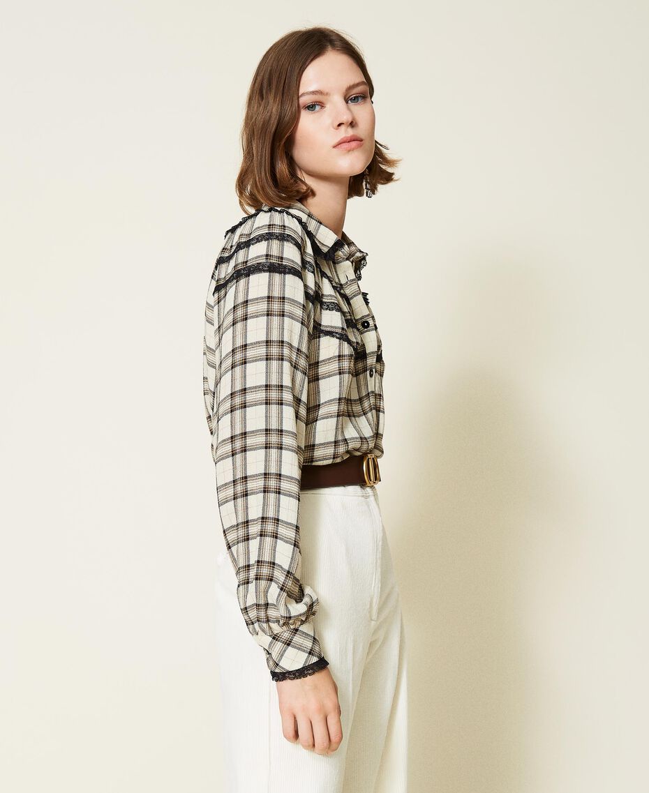 Chequered shirt with lace Ivory / "Golden Rock” Beige Check Woman 212TT2161-02