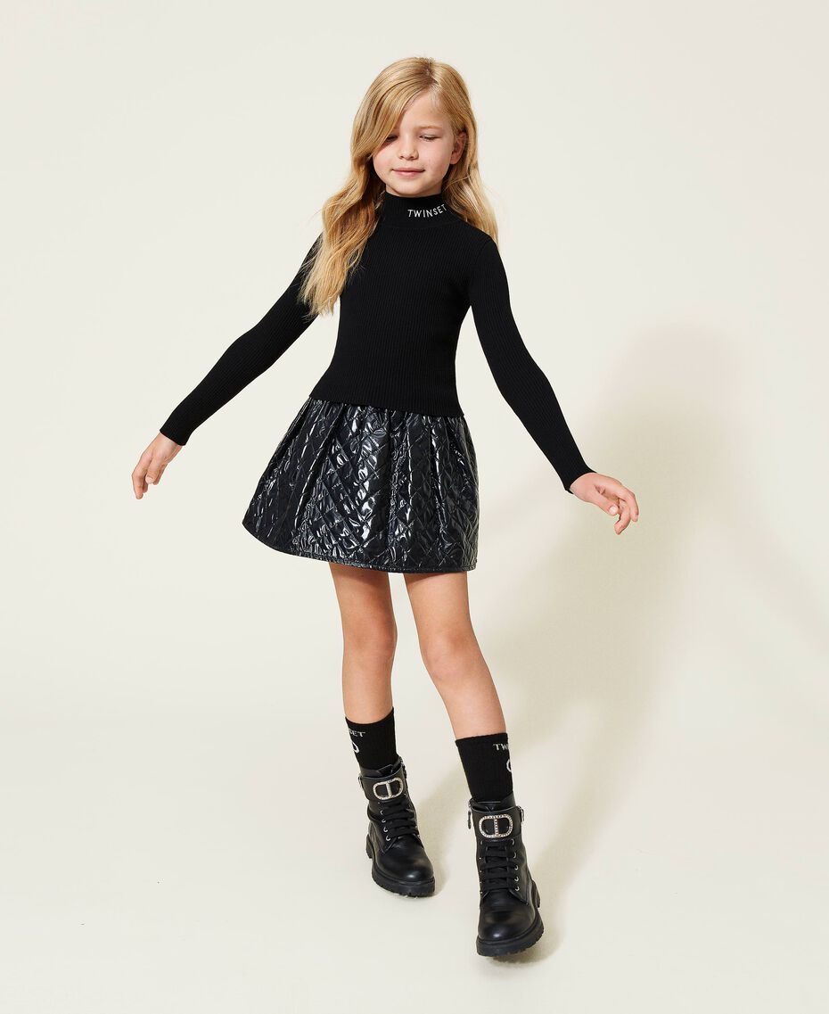 Ribbed turtleneck and diamond-patterned skirt Black Child 222GJ3092-01