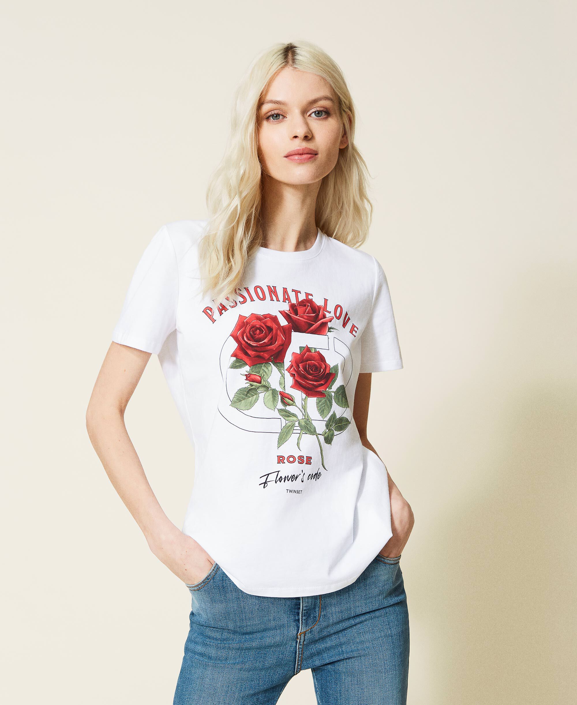 Ondenkbaar Omgaan met Bandiet T-shirt with rose print and logo Woman, White | TWINSET Milano