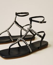 Leather sandals with rhinestones Black Woman 221TCT060-02