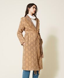Jacquard coat with logo and fringes Oval T / "Light Wood" Beige Jacquard Mix Woman 222TT2290-04