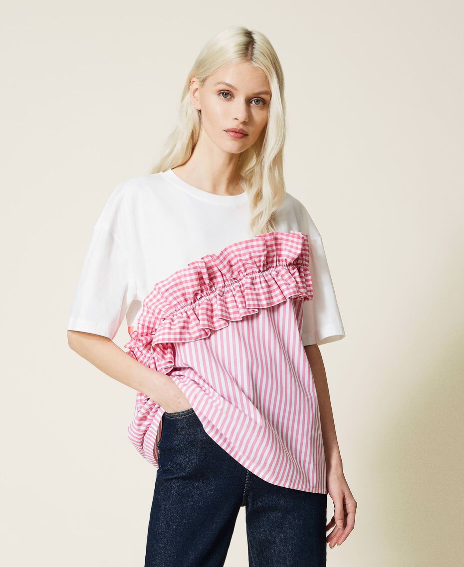 T-shirt avec insertion rayée et Vichy Bicolore Blanc Cassé/Rose « Hot Pink » Femme 221AT2250-02