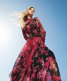 Floral creponne long dress Fuchsia / Black Autumn Flowers Print Woman 222TP2695-01