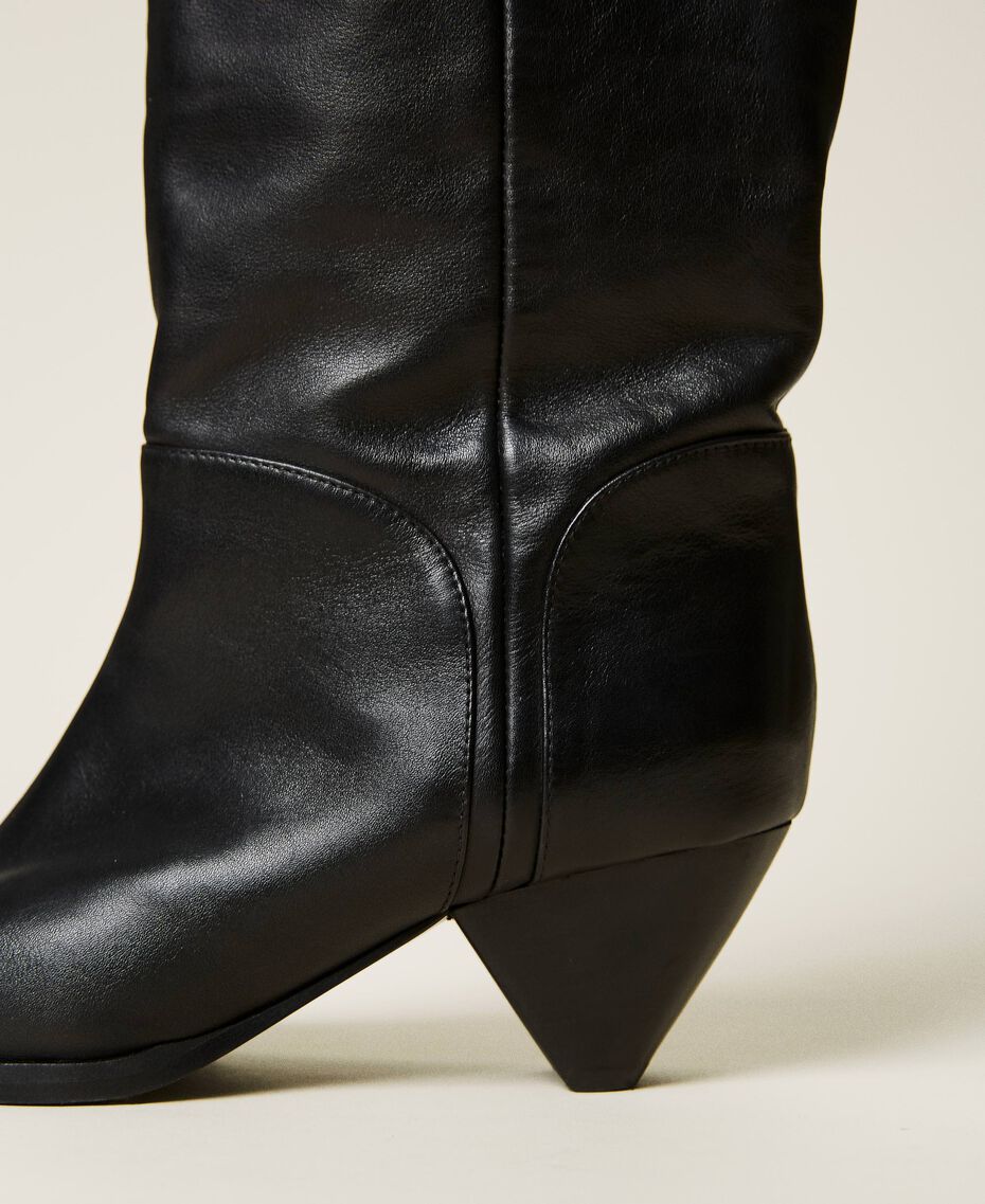 Thigh-high nappa boots with cone-shaped heel Woman, Black | TWINSET Milano