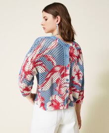 Printed mesh jumper-cardigan “Infinity” Light Blue /”Snow” White Hibiscus Print Woman 221TT3201-06