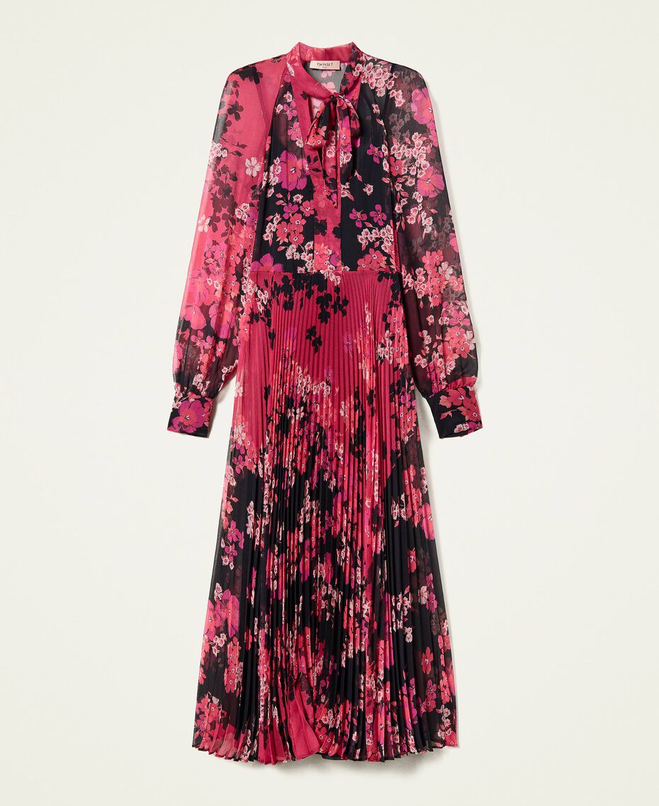 Floral creponne long dress Fuchsia / Black Autumn Flowers Print Woman 222TP2695-0S