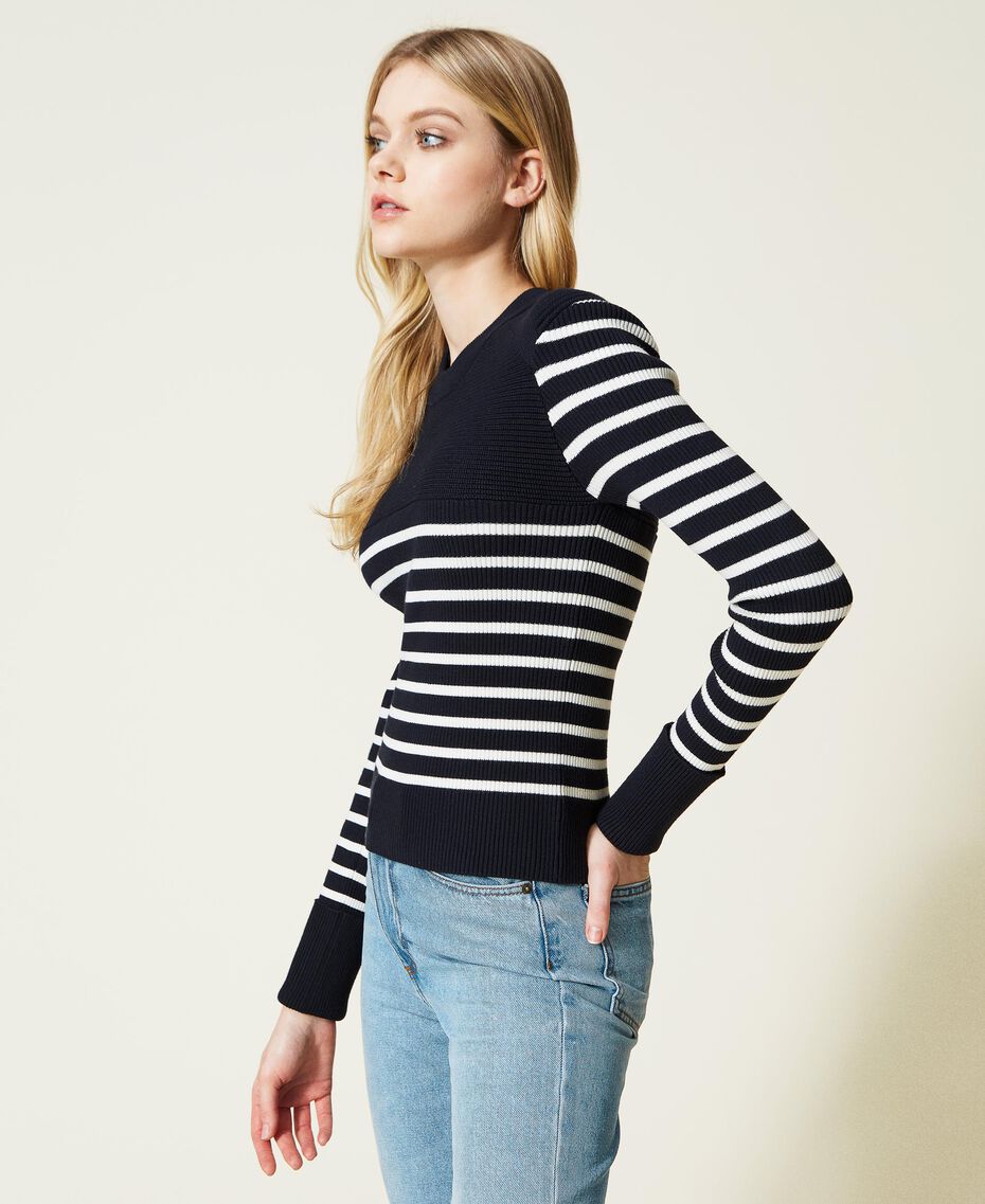 Ribbed striped jumper Two-tone "Dress" Blue / Snow Woman 222TP3011-02