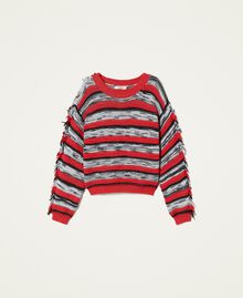 Striped boxy jumper with fringes Black / "Fire Red" / Grey Multicolour Woman 221TP3121-0S