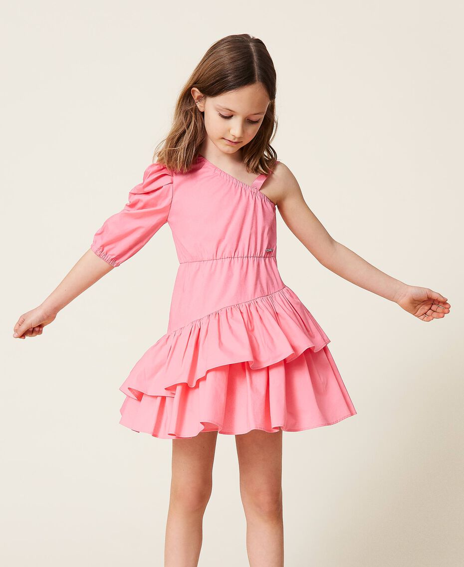 One-shoulder poplin dress Shocking Pink Child 221GJ2Q10-01