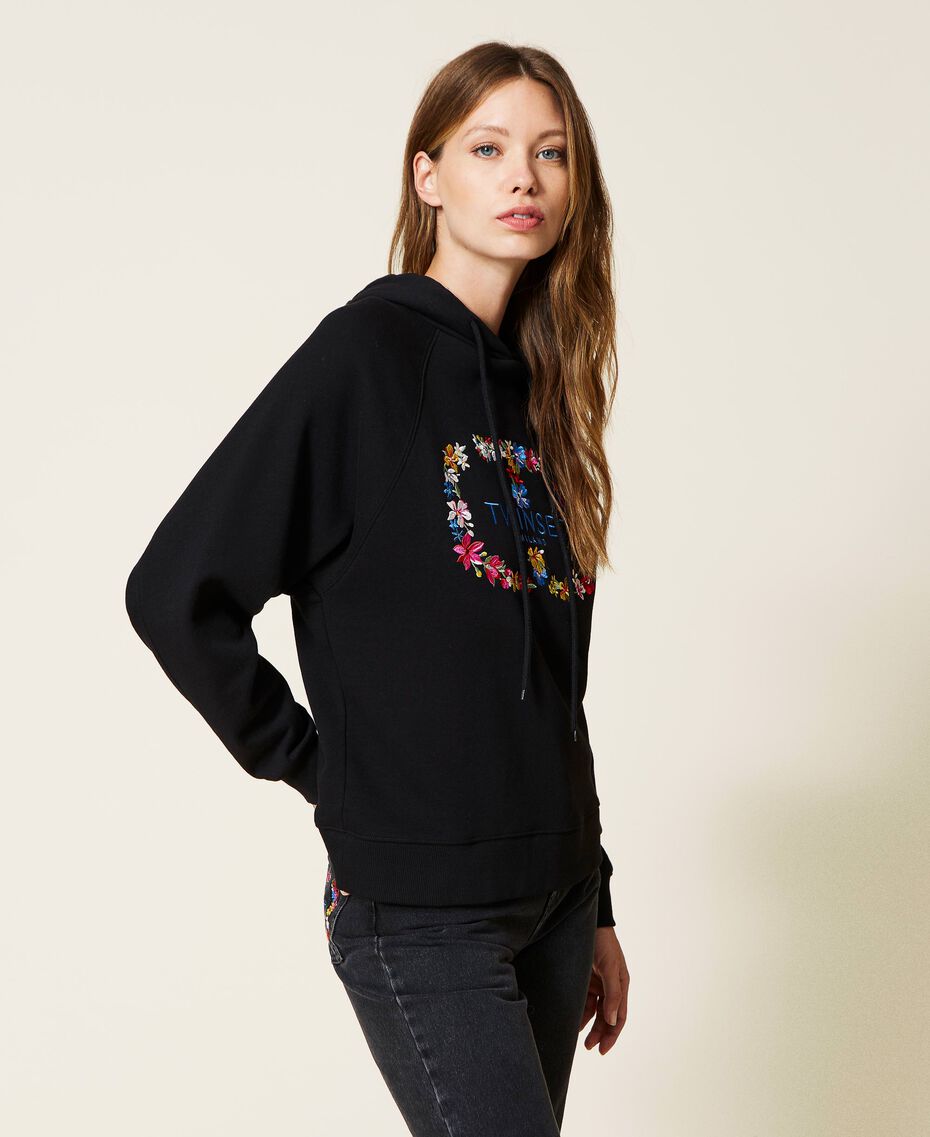 Hoodie with logo and floral embroidery Black Woman 222TT2390-03