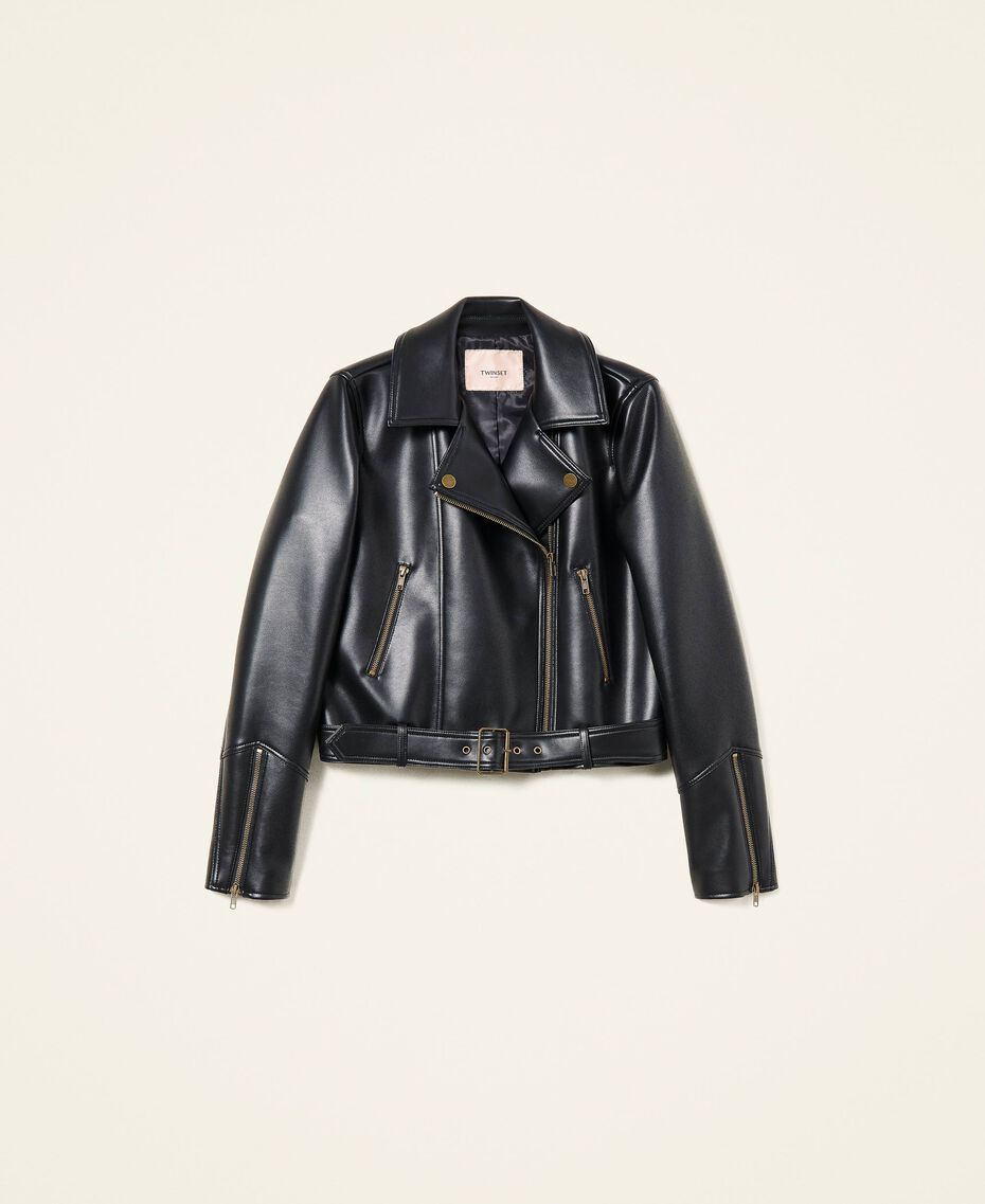 Leather-like biker jacket with belt Black Woman 222TT2350-0S