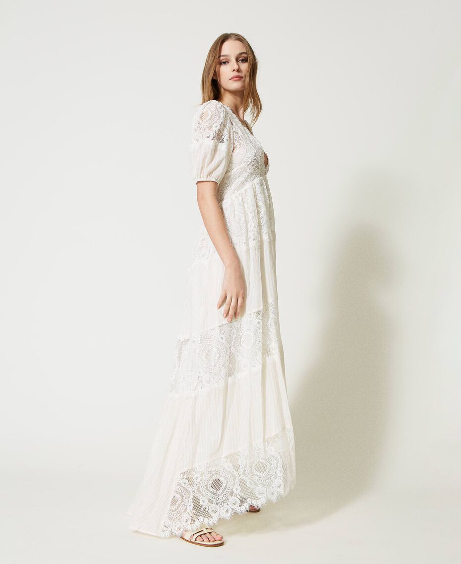 Vestido largo de muselina y encaje Mujer, Blanco | TWINSET Milano